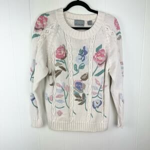 Vintage Paris Sports Club Floral Cable Knit Sweater Size M EUC